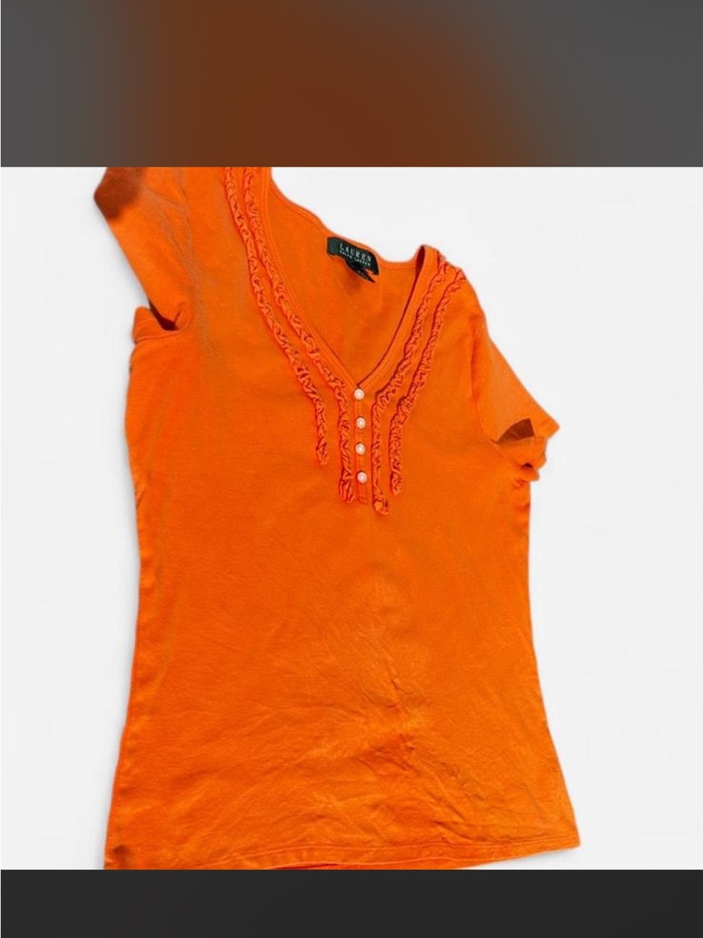 Lauren Ralph luran Orange Short Sleeve V-Neck Top with Ruffle Trim
